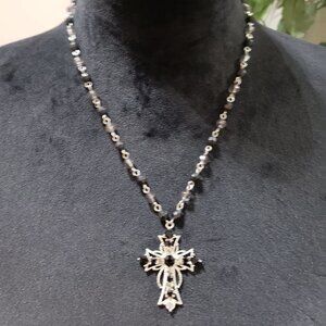 Womens Fashions Black Silver Glass Beaded Cross Collar Necklace w/Lobster Clasp